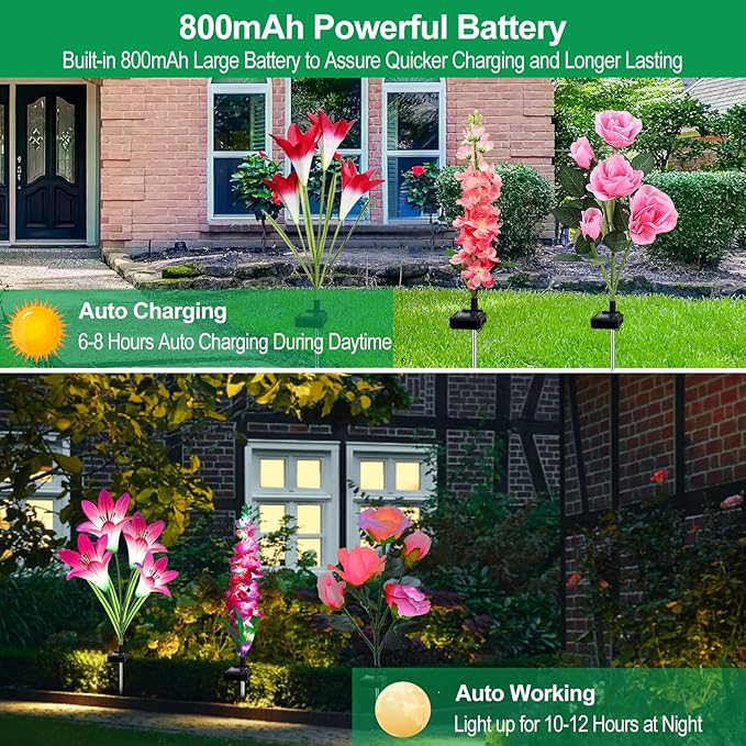 Solar Garden Lights, 6 Pack Solar Flowers Lights with Lily Rose Delphinium, Waterproof Gardening Gifts for Mom Grandma Women,Multi-Color Changing Outdoor Light for Garden Yard Patio Lawn