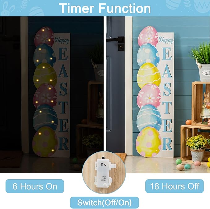Glitzhome 42" Lighted Wooden Easter Porch Sign with Timer, Stacked Eggs Vertical Welcome Sign for Front Door Indoor Outdoor Spring Easter Party Decor