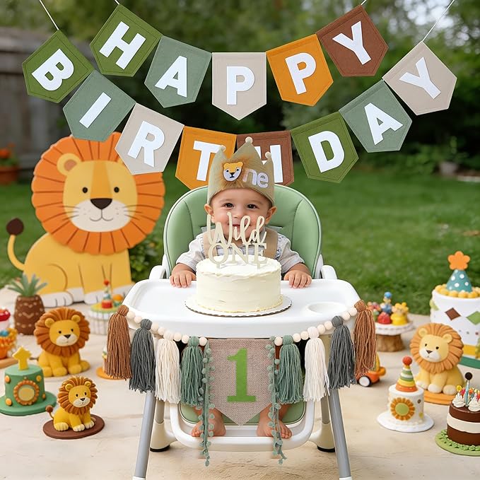 DCJHFJ Wild One High Chair Banner Brown Green Felt Happy Birthday Banner Pre-Strung Jungle Safari Birthday Party Decorations For 1st Boy Party Backdrop