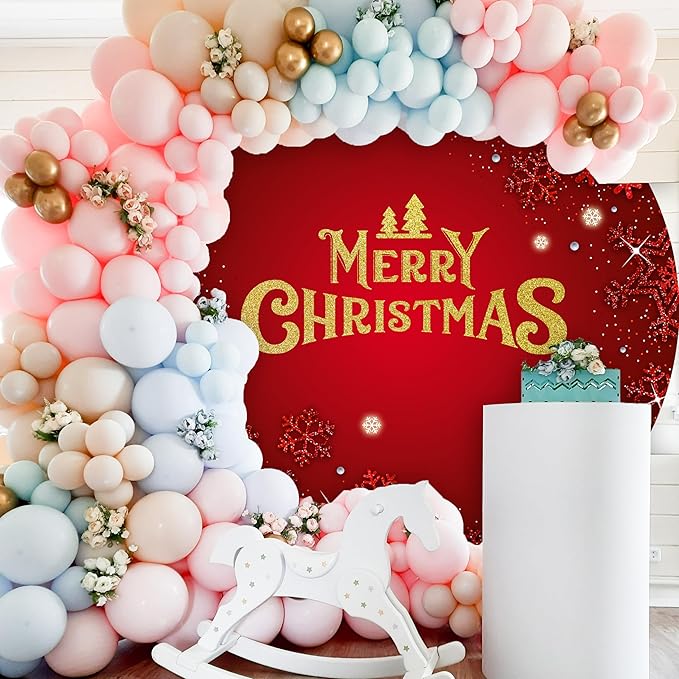 Merry Christmas Round Backdrop Cover 7.2ft for Photography Gold Merry Christmas Red Round Backdrop Cover Shining Snowflake Background Winter Party Supplies New Year Holiday Family Kids Photo
