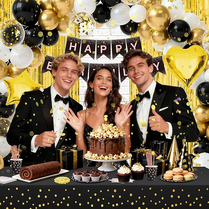 140 Pcs Black And Gold Birthday Decorations For Men And Women,Balloon,Happy Birthday Banner,Fringe Curtains,Cake Topper,Plates,Cups, For 25 Guests