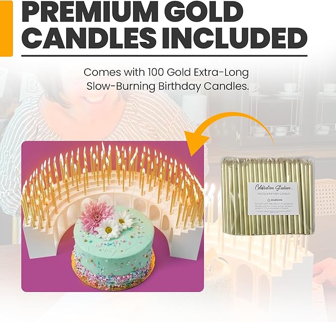 Modular Birthday Candle Holder Grandstand for Milestone Birthdays - Perfect for 40th, 50th, 60th, 70th, 80th, 90th, & 100th - Includes 100 Gold Birthday Candles - Cake Decorations