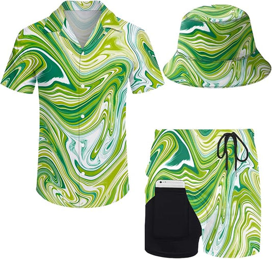 Men's Hawaiian Shirt and Shorts Set 2 Piece Beach Outfits with Bucket Hats for Beach Days and Summer Vibes