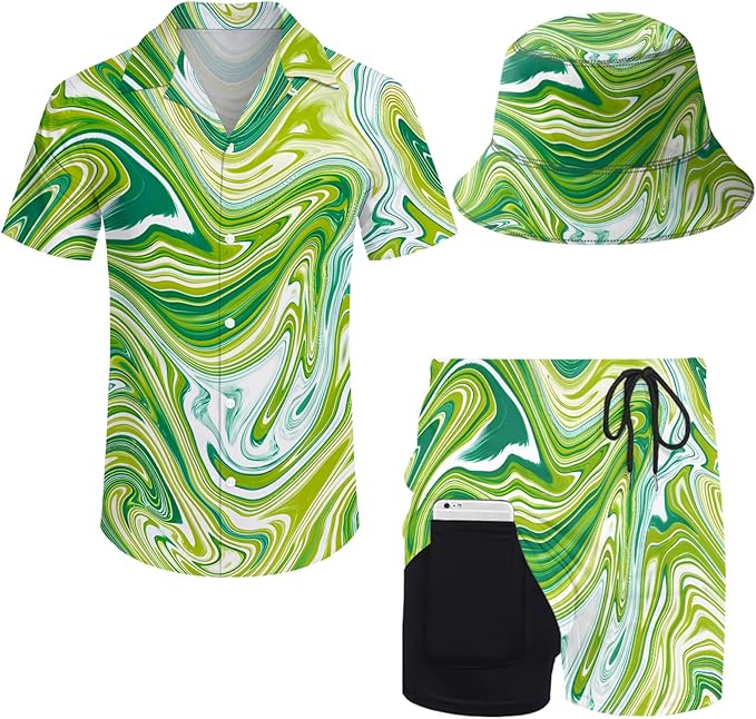 Men's Hawaiian Shirt and Shorts Set 2 Piece Beach Outfits with Bucket Hats for Beach Days and Summer Vibes