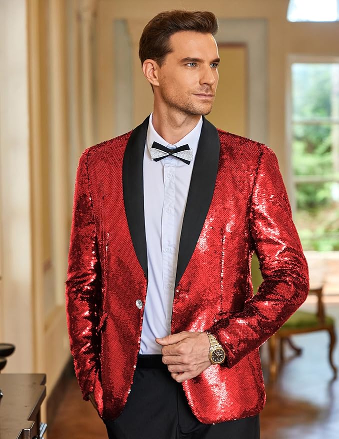 COOFANDY Mens Shiny Sequin Blazer Tuxedo Party Dinner Prom One Button Suit Jacket