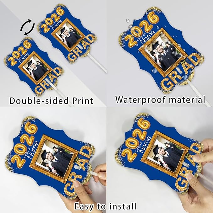Personalized Graduation Double Sided Face Fan Class of 2026 Customized Graduation Head Face Cutout with Handle Fun Photo Prop Supplies(A-Blue and Gold,12pcs)