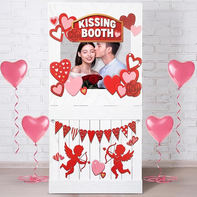Valentine's Kissing Booth 54 x 28 in Valentines Photo Prop Kissing Booth Stand Cardboard Cutout Decorative Sign for Carnival Romantic Wedding Party Outdoor Decorations(Cupid)