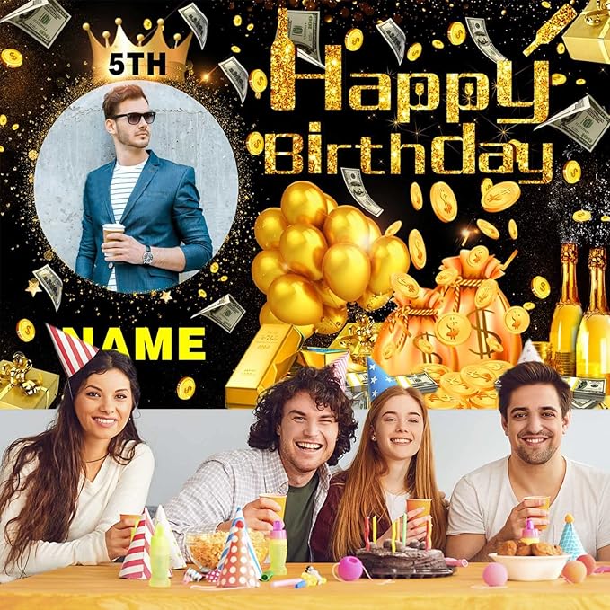 Custom Dollar Money Black and Gold Happy Birthday Party Decorations Supplies Personalized Dollar Money Black and Gold Birthday Backdrop Banner(5x7.5ft)