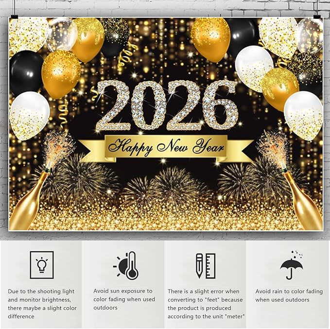 YongFoto 2026 Happy New Year Backdrop 10x7ft Gold Balloons Champagne Fireworks Photography Background Christmas Festival Carnival Family Party Banquet Decor Banner Photoshoot Wallpaper Photo Booth