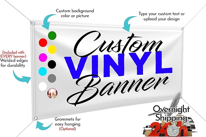 Custom Design - Any Size Vinyl Banner - Full Color - Made in USA - Business, Storefront, Birthday Party, Graduation, Outdoor Events, Garage, Shop, Baby Shower, Backdrop - Fast Turnaround (6' x 10')