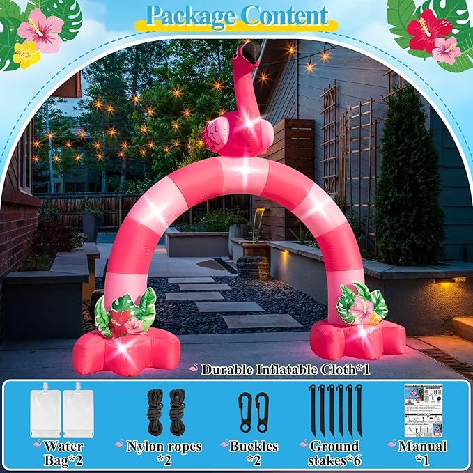 Eyourlife 12FT Pink Flamingo Inflatable Arch,Giant Blow-Up Flamingo Outdoor Decor with Built-in 6 LED Lights and 1Blower for Summer Yard Garden Birthday Luau Beach Party Take Photos
