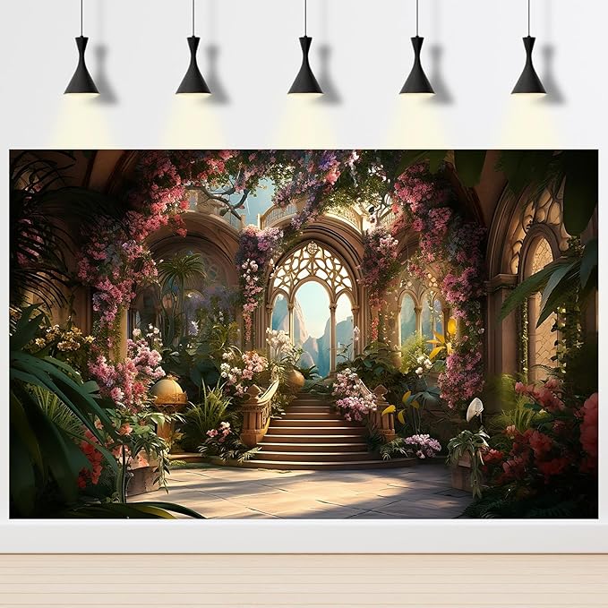 Scenery Photography Backdrop Blooming Flowers Background Garden Arched Door Wedding Bridal Shower Engaged Theme Party Background Lover Adult Wedding Photo Studio Props Backdrop 10x6.5ft