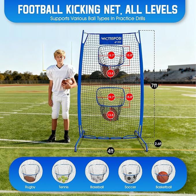 Football Throwing Net, Upgrade Heavy Duty Metal Frame Quarterback Training Equipment Throwing Machine with 1-4 Targets, Easy Setup Football Target Practice with CarryBag, Allweather Indoor Outdoor Use