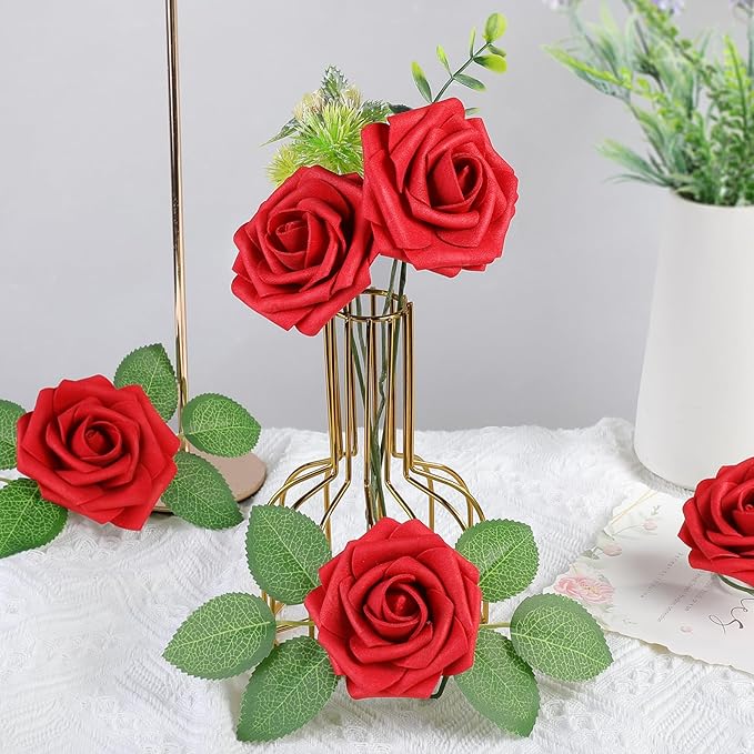 AmyHomie Artificial Flower Red Rose 100pcs Real Looking Fake Roses w/Stem for DIY Wedding Bouquets Centerpieces Arrangements Party Baby Shower Valentines Day Christmas Tree Decorations