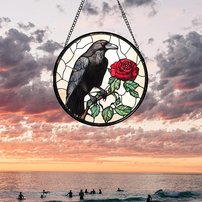 Stained Glass Window Hanging - Black Crow Red Rose Suncatcher for Doors Garden Patio Bird Sun Catchers Decor Christmas Mother's Day Birthday Gifts for Women Men Mom Nana Friend 15 in