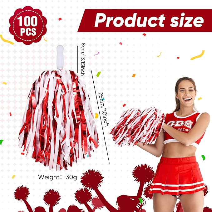 Hanaive 100Pcs Metallic Cheerleading Pom Poms with Baton Handle Cheerleader Pompom Foil 30g Cheering Squad Hand Flowers for Adults Team Spirit Sports Party Cheering
