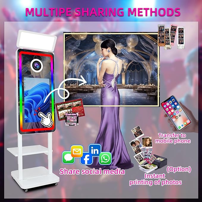 Magic Mirror Photo Booth Machine with Camera, 40in Mirror Photobooth with 21.5" Touch Screen, Built-in Mini PC, with Cooling Fan, for Parties, Birthdays, Trade Shows (White, with Camera no Printer)