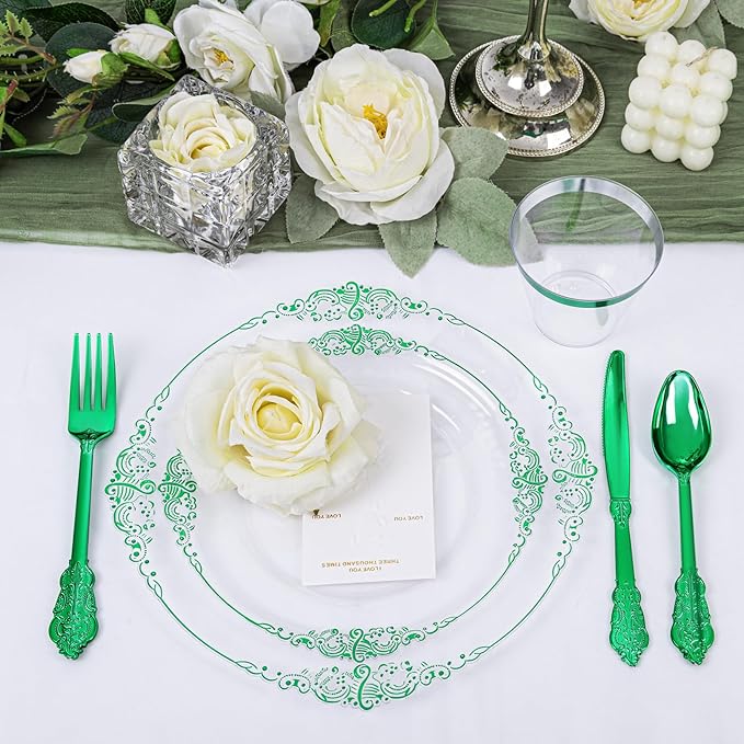 Hioasis 175pcs Clear and Green Plates - Green Party Plates for 25 Guest, Include 50 Heavy-duty Plates(20% Thicker Than Standard), 25 Pre Rolled Gold Plastic Silverware Set, 25 Cups