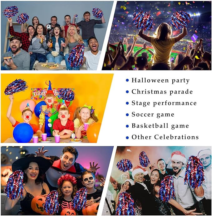 Hanaive 100Pcs Metallic Cheerleading Pom Poms with Baton Handle Cheerleader Pompom Foil 30g Cheering Squad Hand Flowers for Adults Team Spirit Sports Party Cheering