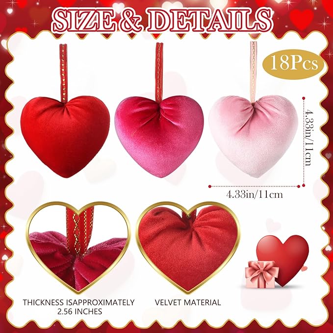 18 Pcs Valentine's Day Hanging Heart Ornaments Handmade Heart Shaped Velvet Gifts 4.3 Inches Hanging Valentine Tree Ornaments for Wedding Anniversary Party Decorations(Red, Pink, Rose Red)