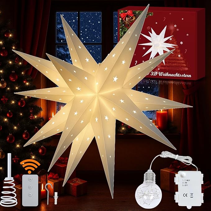 23" Large Moravian Star Outdoor Light, Moravian Star Christmas Tree Topper Lighted Battery Operated, Remote Control Hanging Outdoor/Indoor Tree Topper Light for Courtyard, Porch-White