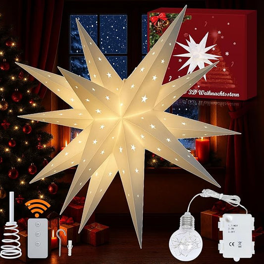 23" Large Moravian Star Outdoor Light, Moravian Star Christmas Tree Topper Lighted Battery Operated, Remote Control Hanging Outdoor/Indoor Tree Topper Light for Courtyard, Porch-White