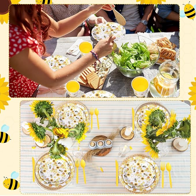 Pickmesh 400 Pcs Bee Sunflower Birthday Party Supplies Include Spring Summer Bee Disposable Paper Plates Napkins Cups Cutlery for Honey Bumble Birthday Baby Shower Party Supplies Serve 50