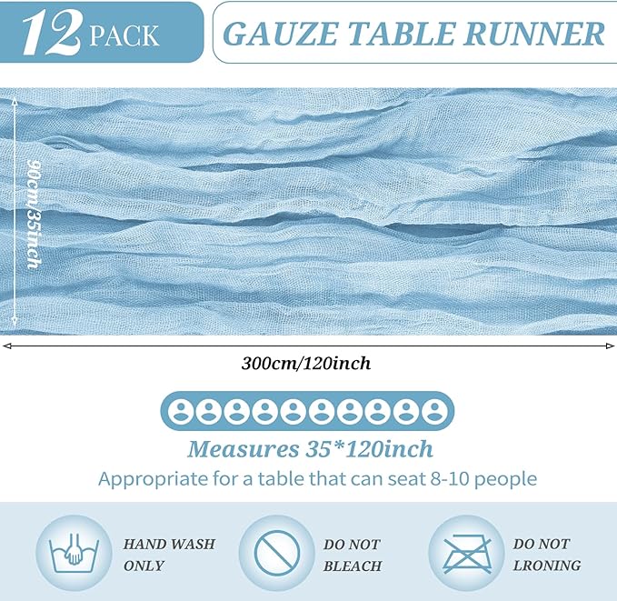 12 Pack Cheesecloth Table Runner 35 x 120 inch Long Boho Cheese Cloth Gauze Table Runners Semi Sheer Table Runner for Wedding Decor, Bridal Shower, Birthday Party (Light Blue)