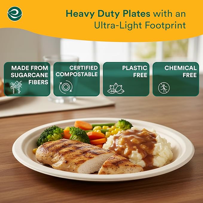 ECO SOUL 10 Inch Compostable Disposable Paper Plates [1000 Pack] Food Safe 100% Virgin Bagasse Pulp Heavy Duty Biodegradable Microwave Safe Large Round Dinner Plate for Party, Picnic & BBQ (Brown)