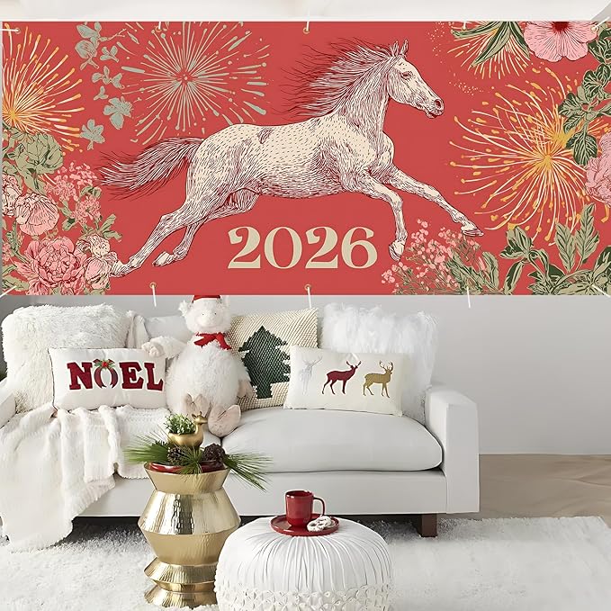 New Year Garage Door Banner 7x16FT, 2026 Fireworks and Running Horse Garage Door Cover, Large Outdoor Decoration for Garage Doors, Driveways, New Year Parties and Countdown Celebrations