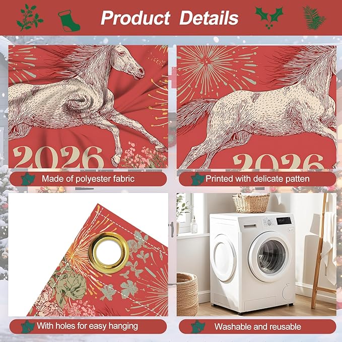 New Year Garage Door Banner 7x16FT, 2026 Fireworks and Running Horse Garage Door Cover, Large Outdoor Decoration for Garage Doors, Driveways, New Year Parties and Countdown Celebrations