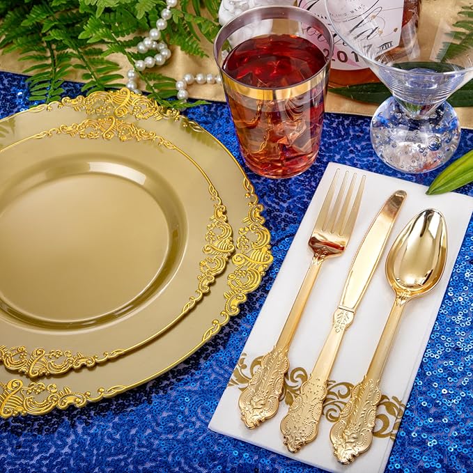 Morejoy 175PCS Solid Gold Plastic Plates with Gold Rim，gold disposable dinnerware sets Include 25 Dinner Plates,25 Dessert Plates,25 Cutlery Sets,25 Napkins Perfect for Party & Christmas