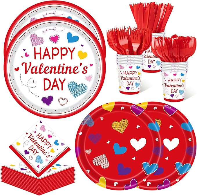350PCS Valentine's Day Party Supplies for 50 Guests-Valentine's Day Party Decorations Include Disposable Paper Plates, Napkins, Cups, Tableware