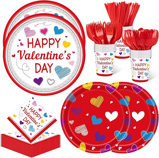 350PCS Valentine's Day Party Supplies for 50 Guests-Valentine's Day Party Decorations Include Disposable Paper Plates, Napkins, Cups, Tableware