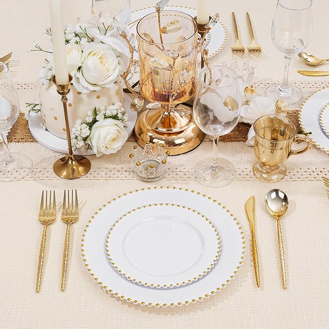 supernal 100pcs White Plastic Plates with Gold Beads - Heavy Duty Elegant Disposable Plates Set Include 50 White Plastic Dinner Plate and 50 Dessert Plate Perfect for Party,Wedding,Bridal Shower