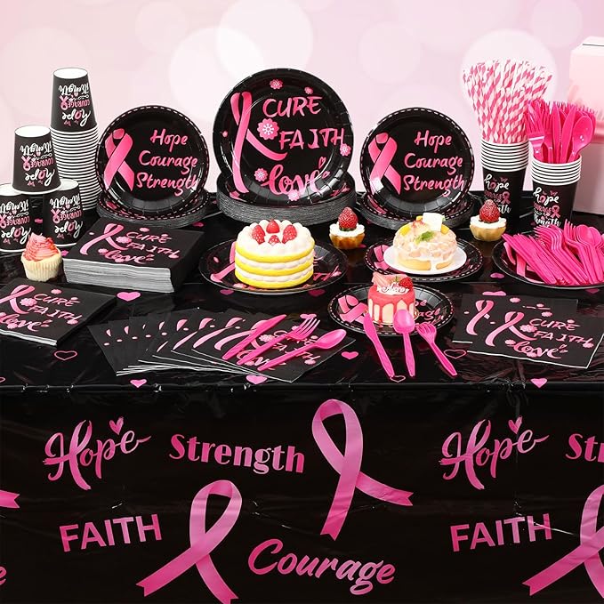 452 Pcs Breast Cancer Awareness Decoration Black Pink Cure Faith Love Paper Plates Napkins Cups Tablecloth Cutlery Straws for Breast Cancer Awareness Month Women Charity Activities Supplies