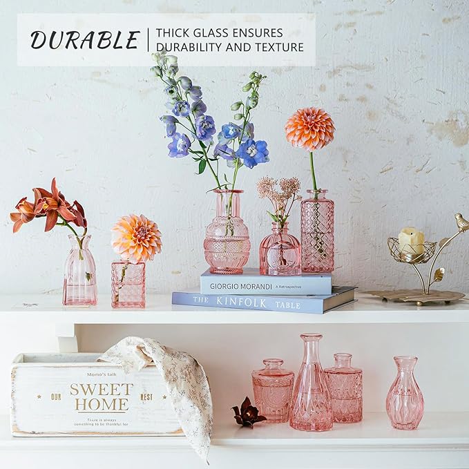 Glass Bud Vase Set of 16, Small Pink Flower Vases for Table Centerpieces in Bulk, Cute Mini Vintage Vase for Wedding, Home Decor, Table Decoration
