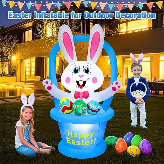 5 Ft Easter Inflatables Yard Decorations, Blow up Easter Bunny with LED Lights Basket Light up Outdoor Decor for Holiday Party Indoor Outdoor Garden Lawn
