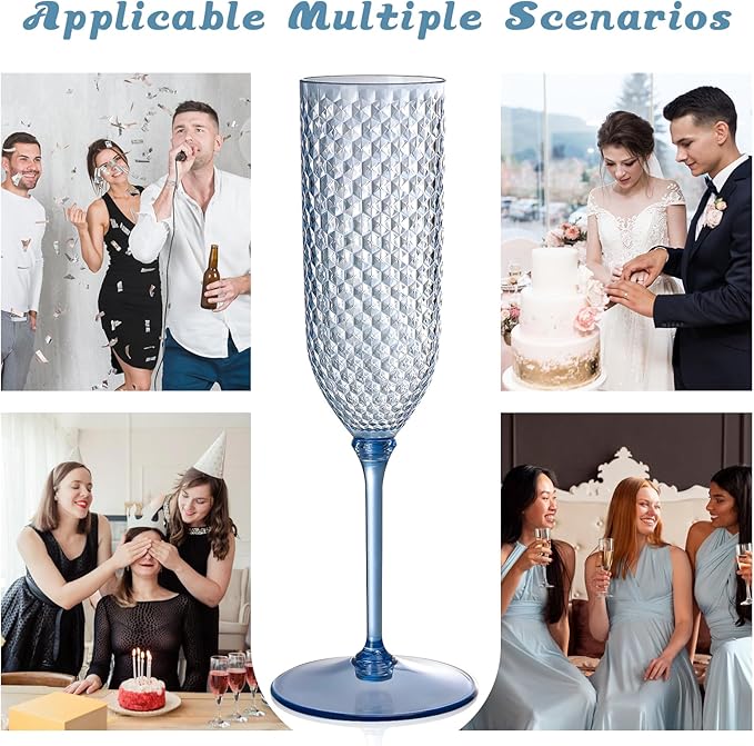 XUWAIDSGN 48 Pack Blue Detachable 2 piece Champagne Flutes 5.5 Oz Unbreakable Plastic Mimosa Disposable Champagne Glasses Drinking Cups Stemmed Reusable Wine Toasting Glasses for Wedding