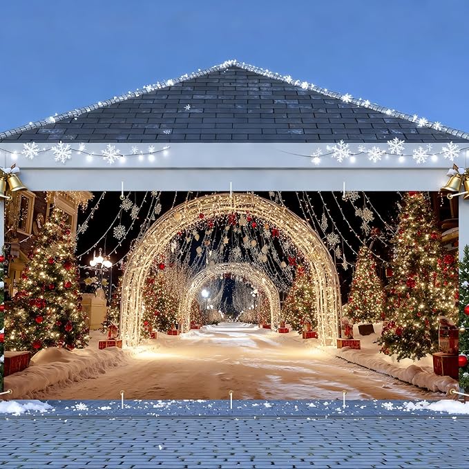 Christmas Light Tunnel Garage Door Banner 7x16FT, Night Street Xmas Cover for Outdoor Holiday Driveway & Party Decorations