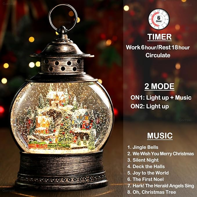 Village Snow Globe 12 Inch Christmas Snow Globe Lantern, Lighted Christmas Decorations Indoor with Music Timer Glitter, Navidad Musical Train Snowglobe Home Decor, USB or Battery Operated
