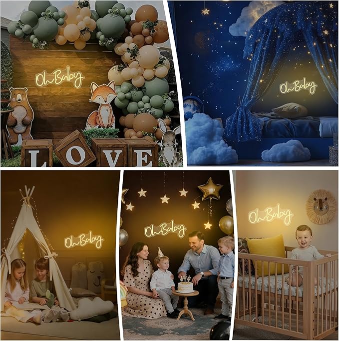 Oh Baby Neon Sign for Backdrop Wall Decor, Baby Shower LED Neon Light for Wall Decor, 19.6×8.6 Inch Large Size, USB Powered for Party Decorations & Night Lighting, Birthday Wedding Bar(Warm White)