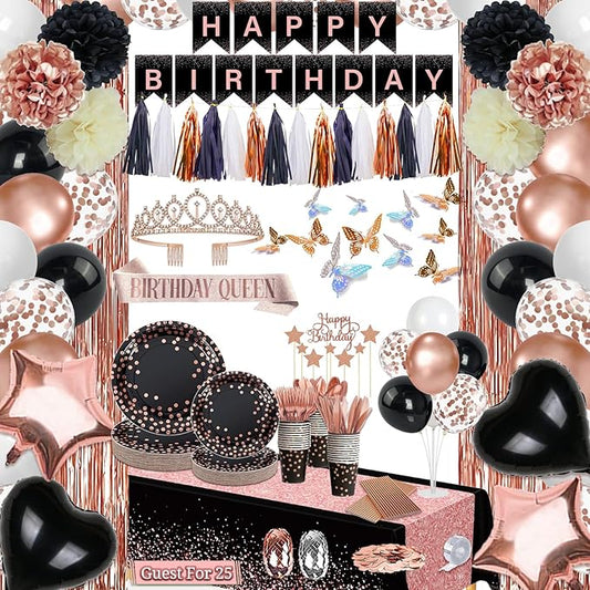273 Pcs Rose Gold and Birthday Decorations, Birthday Decorations for Women or Girl Kit - Banner, Balloon, Tiara, Sash, Tableware with Rose Gold Dot and Black for 25 Guests