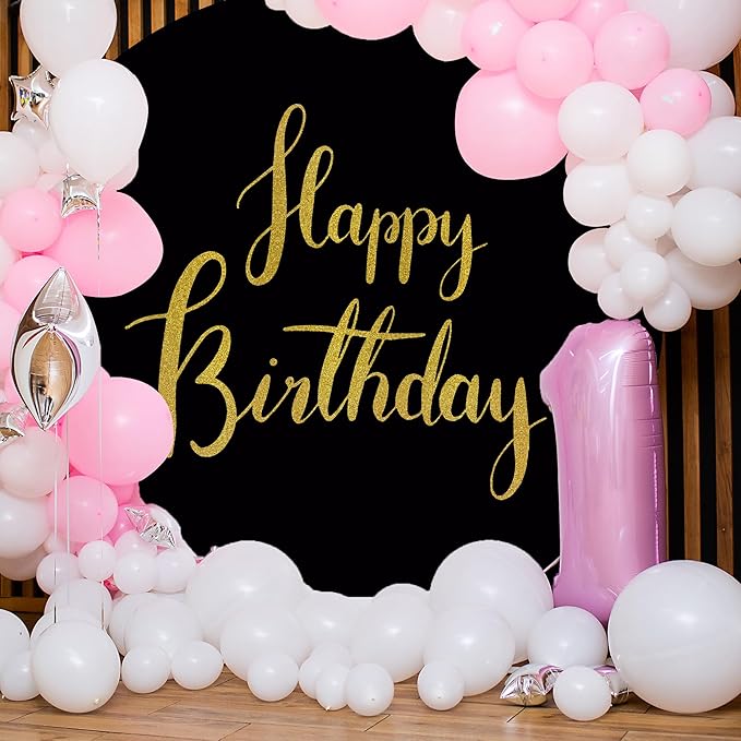 Gold Happy Birthday Sign Round Backdrop Cover 7.5ft,Black Round Backdrop Cover 7.5FT Happy Birthday Party Decoration Supplies for Photography Background Studio Props Adult Kids Baby