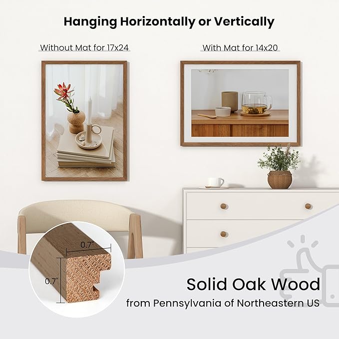 Axeman 17x24 Picture frame with mat for 14x20, Tempered Glass and Hanging Hardware Included Natural Oak Home Decor Art Hanging Poster Frame, Walnut