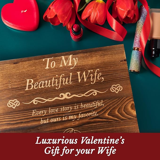Anniversary for Wife Engraved Wooden Gift Set 'To My Beautiful Wife' Includes Crystal Engraved Heart 24K Gold Dipped Rose for Birthday Gifts