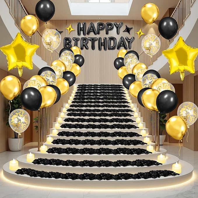Black Gold Happy Birthday Balloons Decorations Black and Gold Birthday Balloon Letters Banner with 6 Pcs Star Balloons Black Artificial Rose Petals 24 Flameless LED Candles for Room Hotel Party Decor