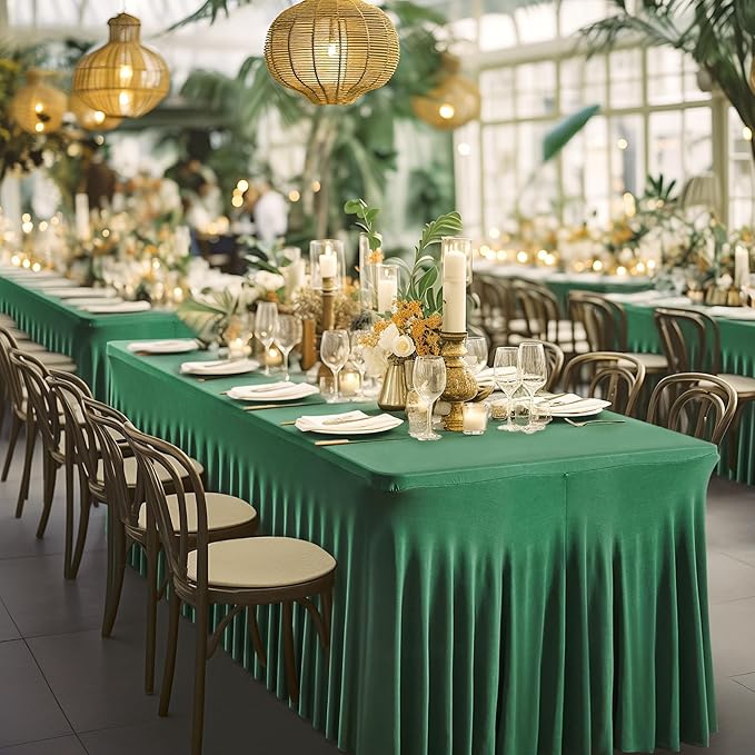 2 Packs Green Table Clothes for 4 Foot Rectangle Tables, Wrinkle Resistant Stretch Spandex Table Covers Fitted Tablecloth with Skirt for Easter Event Banquet Wedding Birthday Party