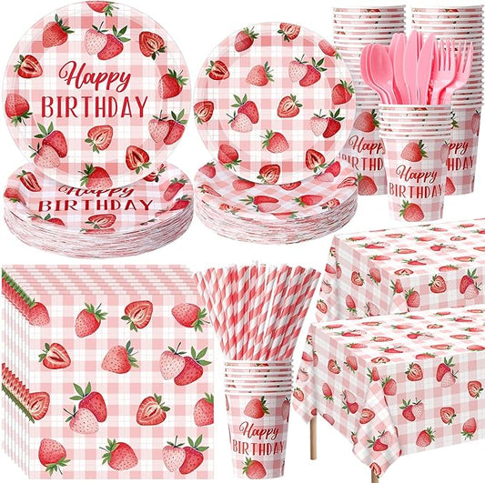 452 Pcs Strawberry Birthday Party Decorations for 50, Strawberry Paper Plates Napkins Cups Tablecloth Cutlery Straws for Berry First Birthday Themed Baby Shower Party Supplies