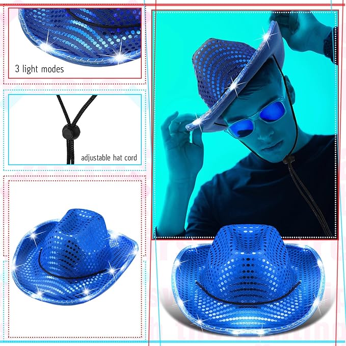 20 Pack Lights Cowboy Cowgirl Hat LED Flashing Light Up Hat for Western Bachelorette Party Wedding Bridal
